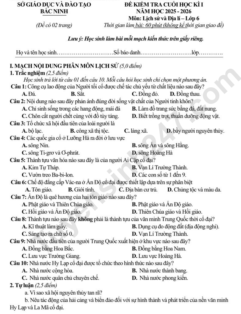 Đề thi HK1 lớp 6 môn Lịch sử và Địa lý 2025 - Sở GD Bắc Ninh (Có đáp án)