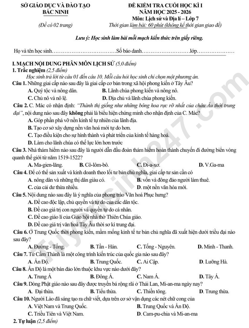 Đề thi HK1 lớp 7 môn Lịch sử và Địa lý 2025 - Sở GD Bắc Ninh (Có đáp án)