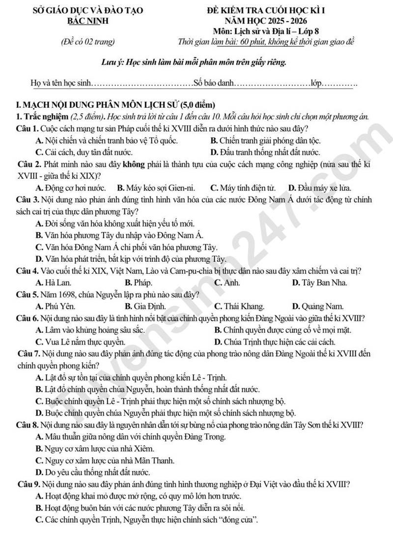 Đề thi HK1 lớp 8 môn Lịch sử và Địa lý 2025 - Sở GD Bắc Ninh (Có đáp án)