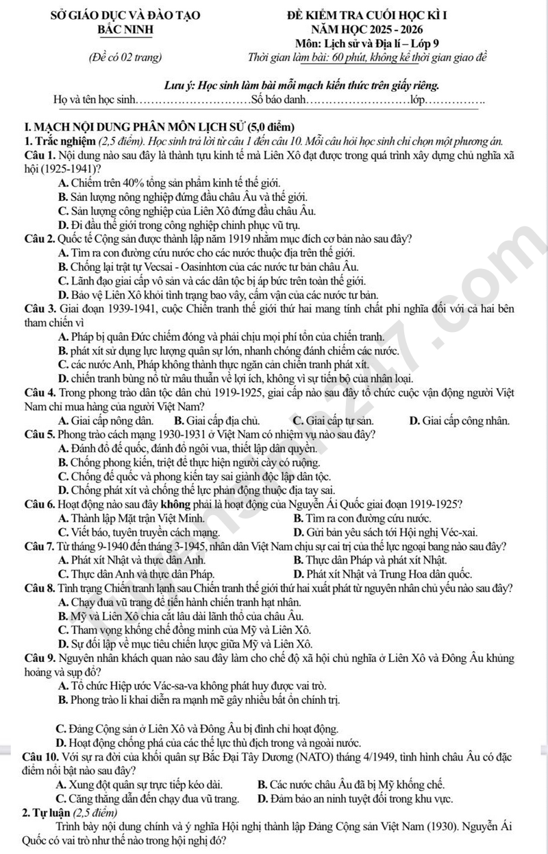Đề thi HK1 lớp 9 môn Lịch sử và Địa lý 2025 - Sở GD Bắc Ninh (Có đáp án)