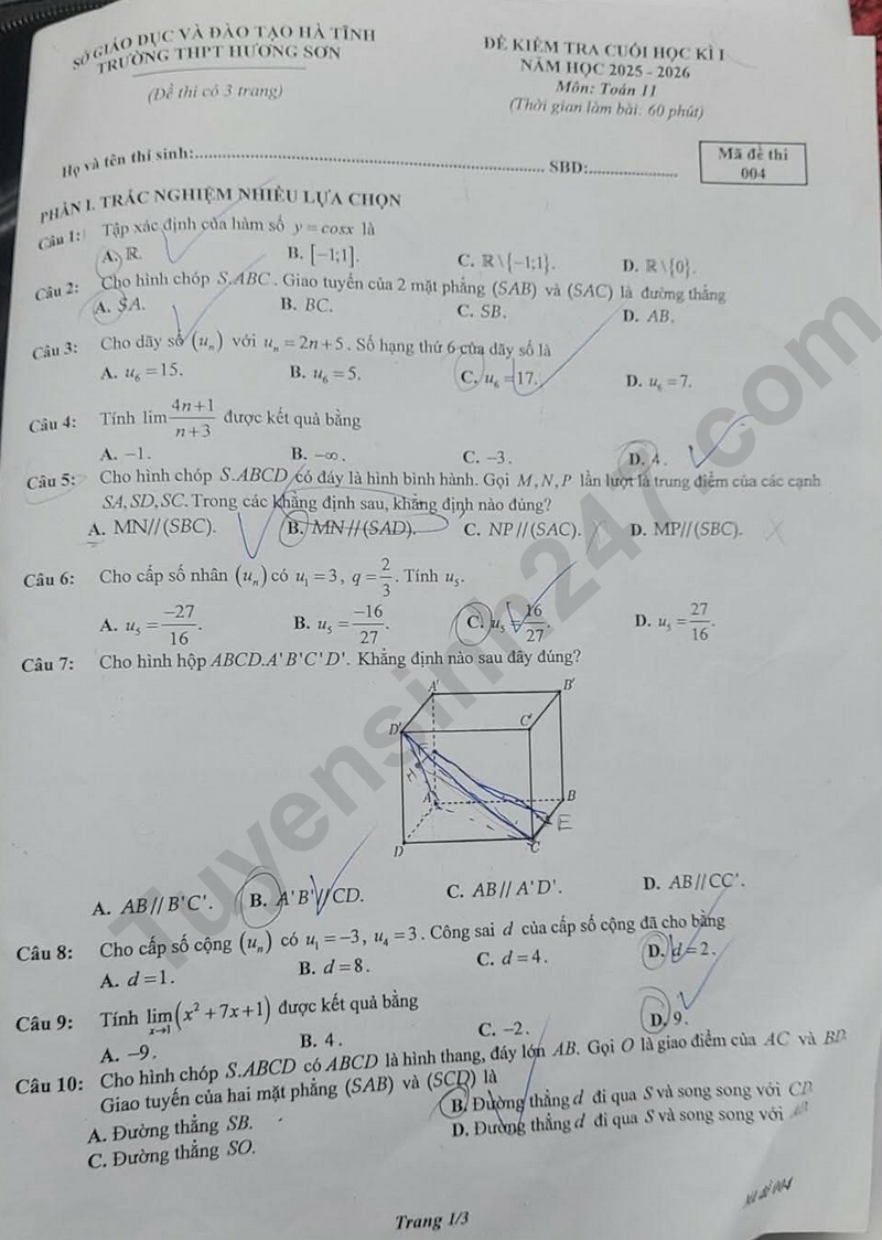 Đề thi kì 1 môn Toán lớp 11 năm 2025 - THPT Hương Sơn