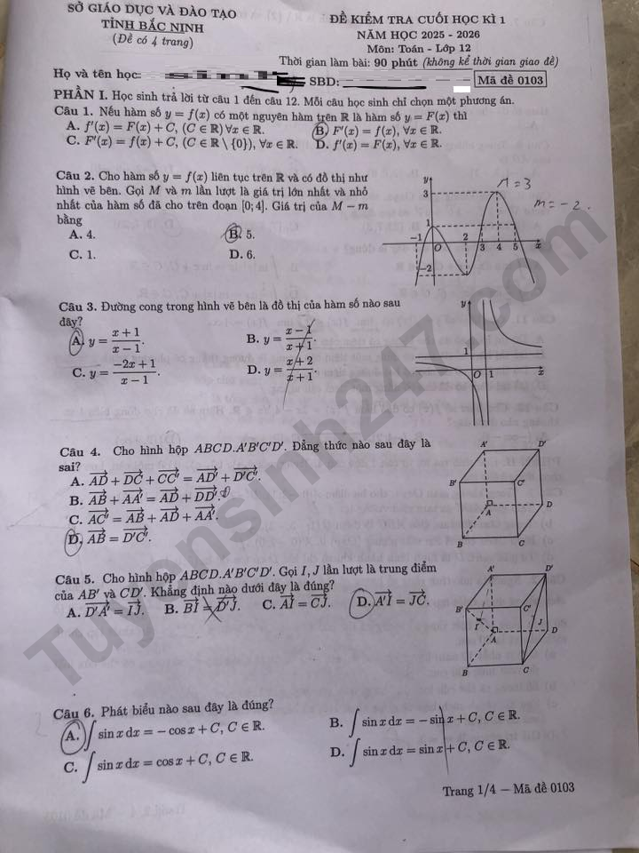 Đề thi kì 1 môn Toán lớp 12 năm 2025 - Sở GD Bắc Ninh