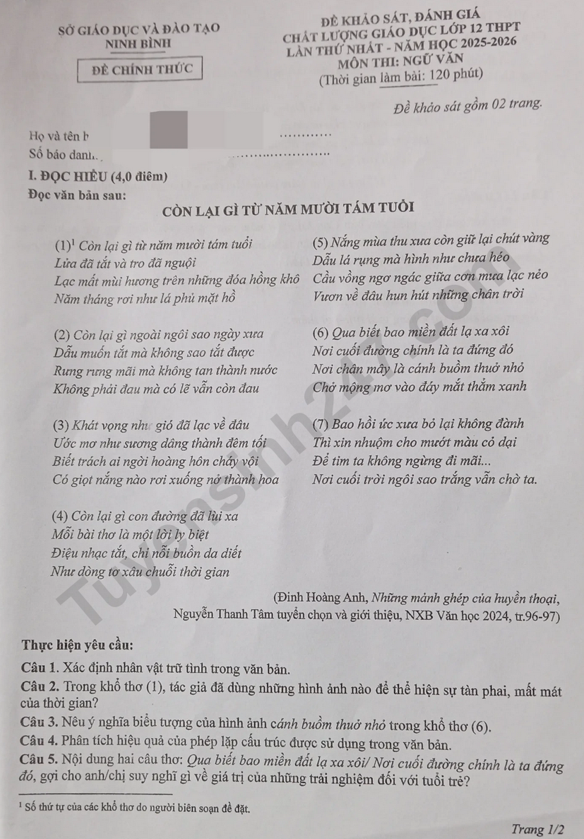 Đề thi kì 1 lớp 12 môn Văn - Sở GD Ninh Bình 2025