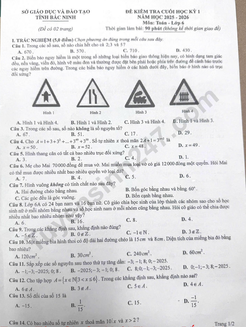 Đề thi kì 1 lớp 6 môn Toán năm 2025 - 2026 - Sở GD Bắc Ninh