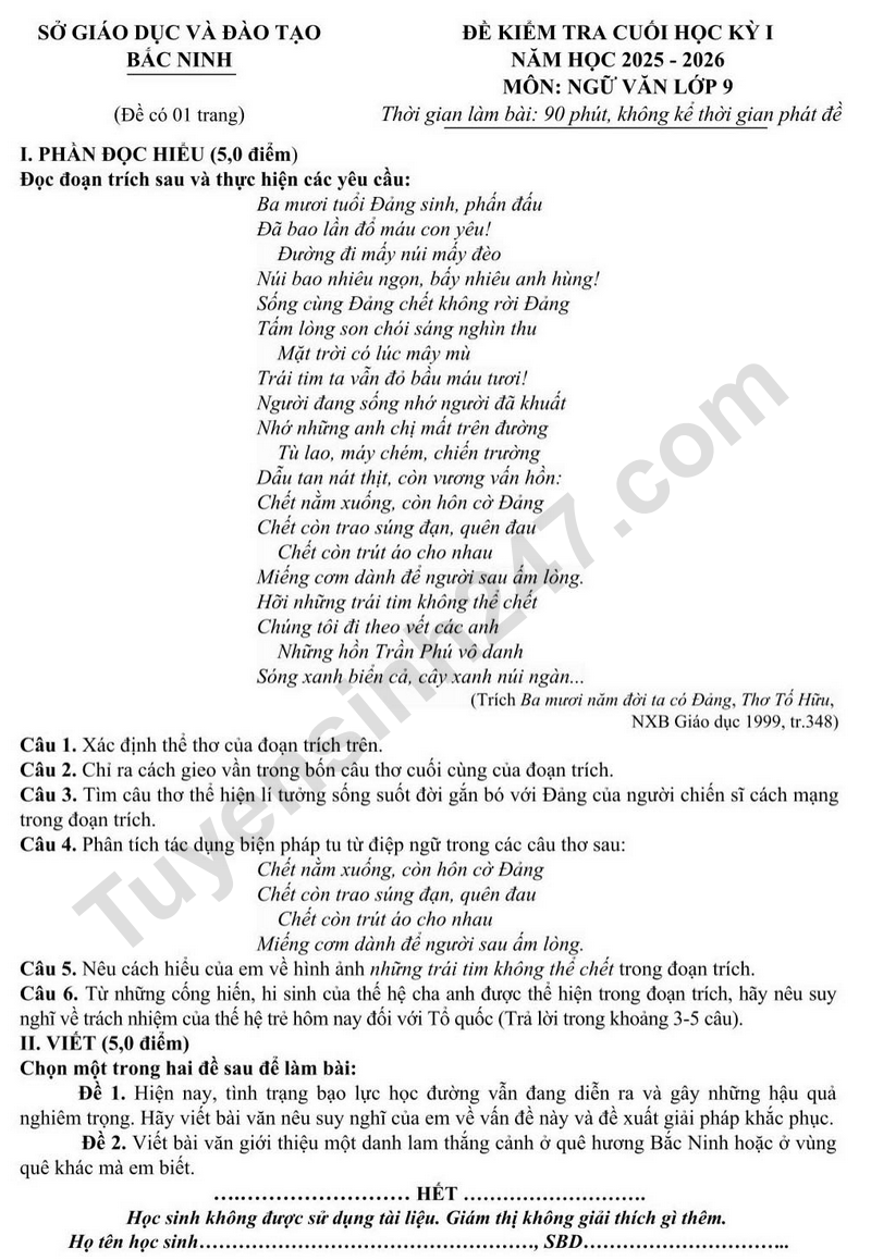 Đề thi kì 1 môn Văn lớp 9 - Sở GD Bắc Ninh 2025 (Có đáp án)
