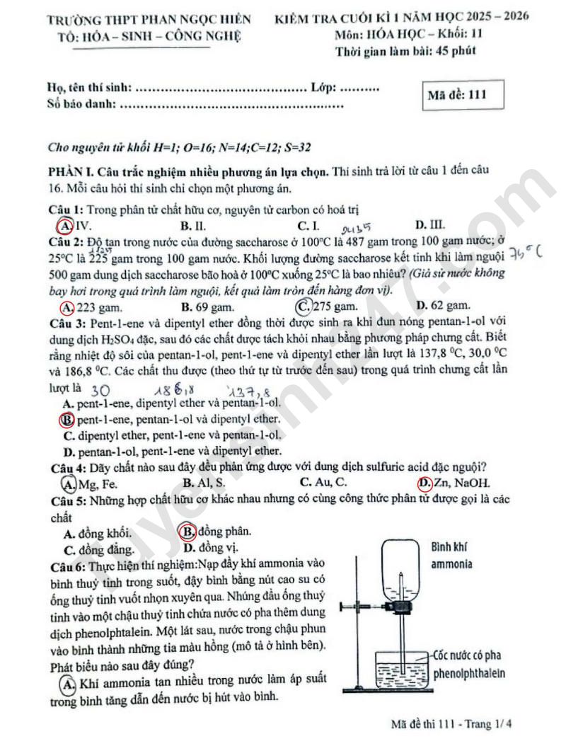 Đề thi kì 1 môn Hóa lớp 11 năm 2025 - THPT Phan Ngọc Hiển