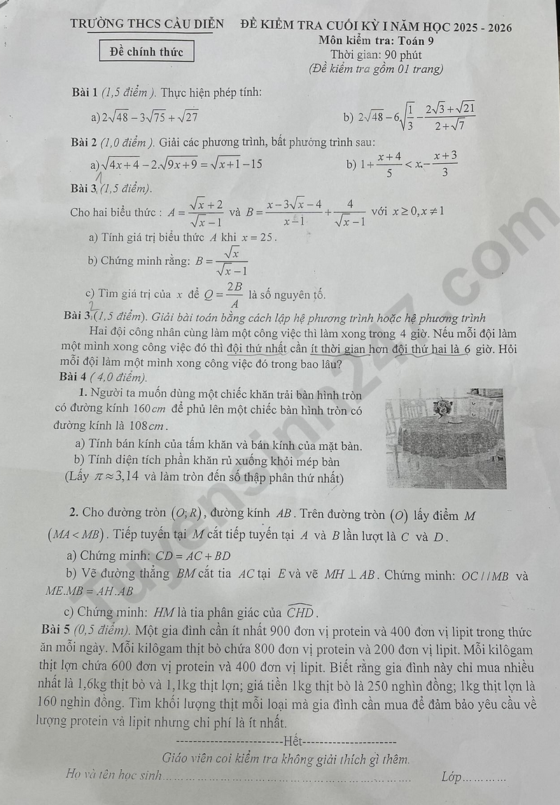 Đề thi kì 1 môn Toán lớp 9 năm 2025 - THCS Cầu Diễn