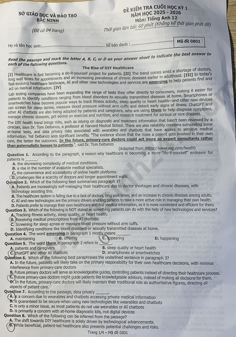 Đề thi kì 1 môn Anh lớp 12 năm 2025 - Sở GD Bắc Ninh