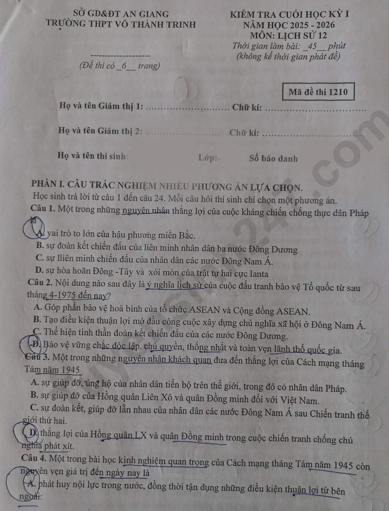 Đề thi kì 1 môn Lịch sử lớp 12 năm 2025 - THPT Võ Thành Trinh