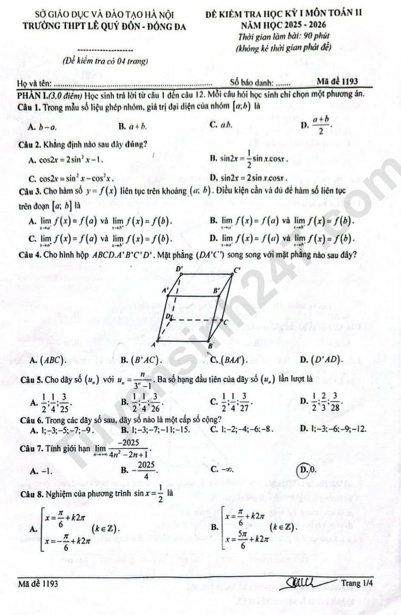 Đề thi kì 1 môn Toán lớp 11 năm 2025 - THPT Lê Quý Đôn