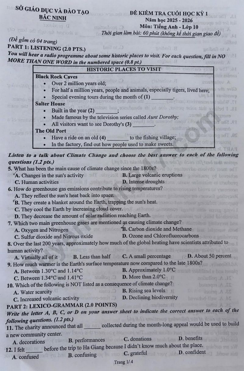Đề thi kì 1 môn Anh lớp 10 năm 2025 - Sở GD Bắc Ninh (Có đáp án)