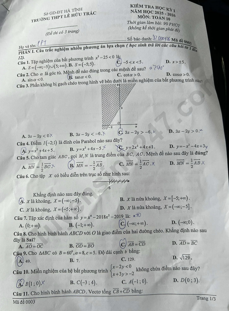 Đề thi kì 1 môn Toán lớp 10 năm 2025 - THPT Lê Hữu Trác