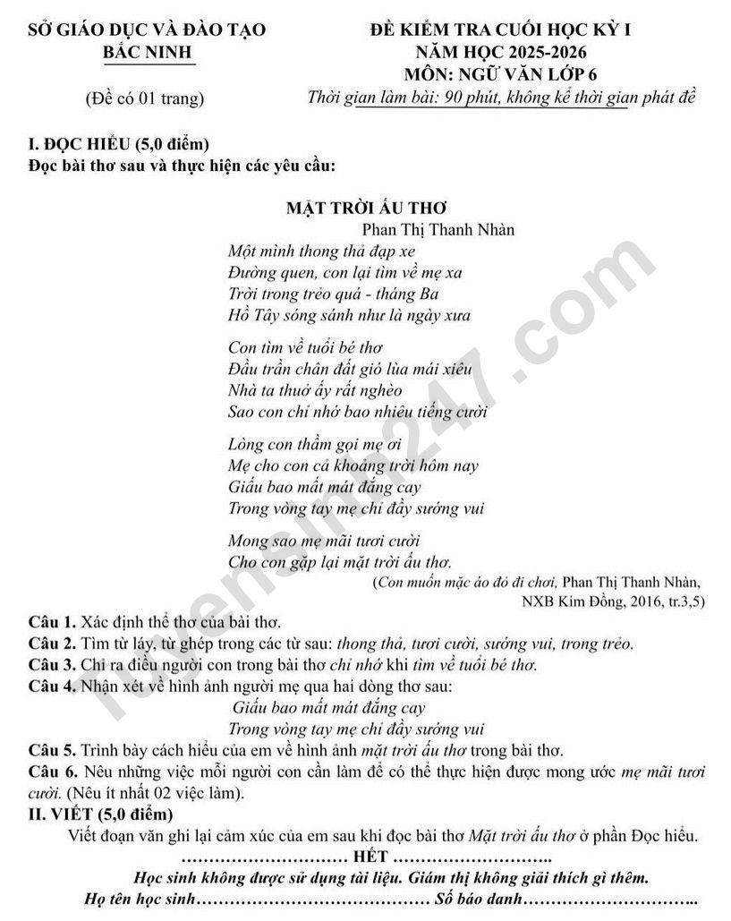 Đề thi kì 1 môn Văn lớp 6 - Sở GD Bắc Ninh 2025 (Có đáp án)
