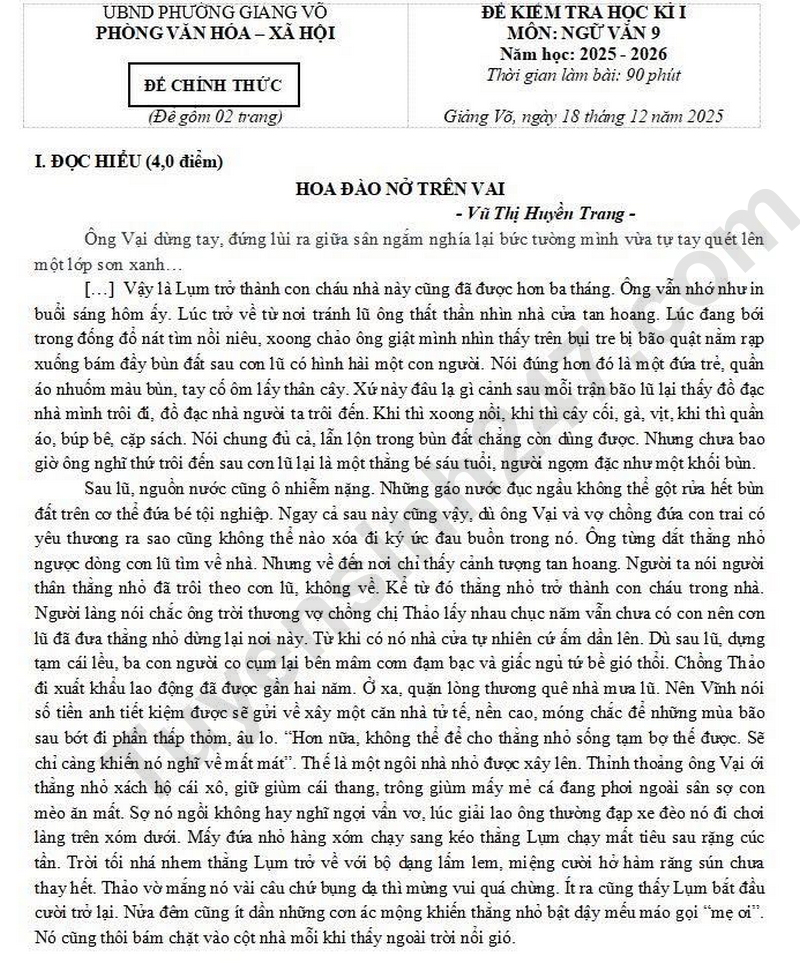 Đề thi HK 1 lớp 9 môn Văn 2025 - Phường Giảng Võ