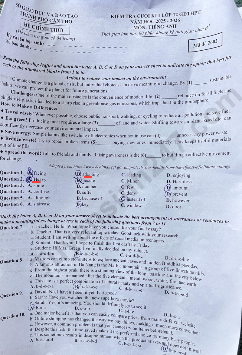 Đề thi kì 1 lớp 12 môn Anh năm 2025 - Sở GD Cần Thơ