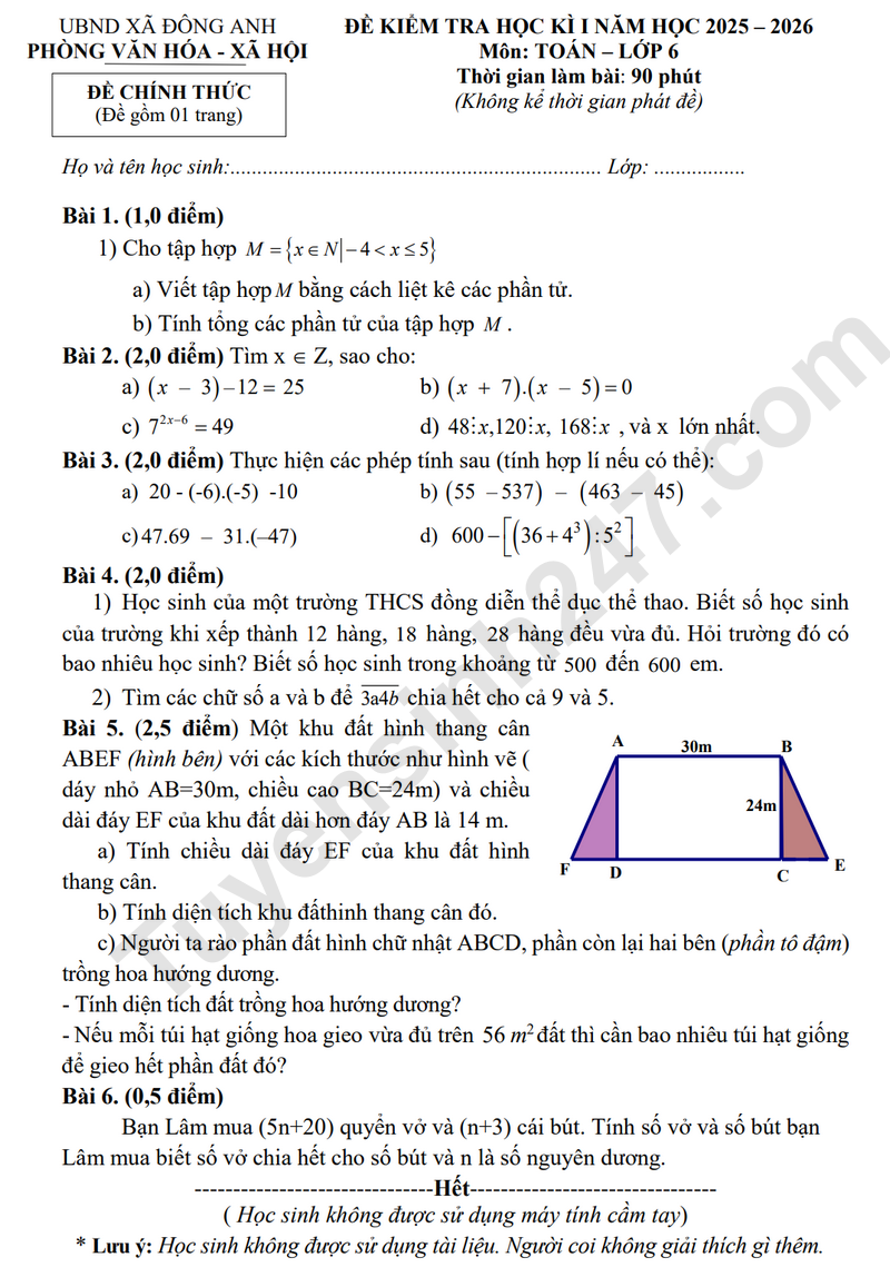 Đề thi kì 1 môn Toán lớp 6 năm 2025 - Xã Đông Anh