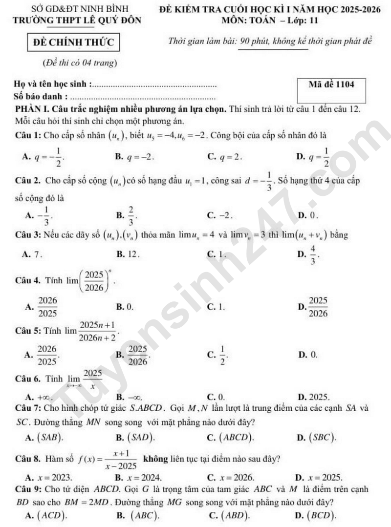 Đề thi kì 1 môn Toán lớp 11 năm 2025 - THPT Lê Quý Đôn (Ninh Bình)