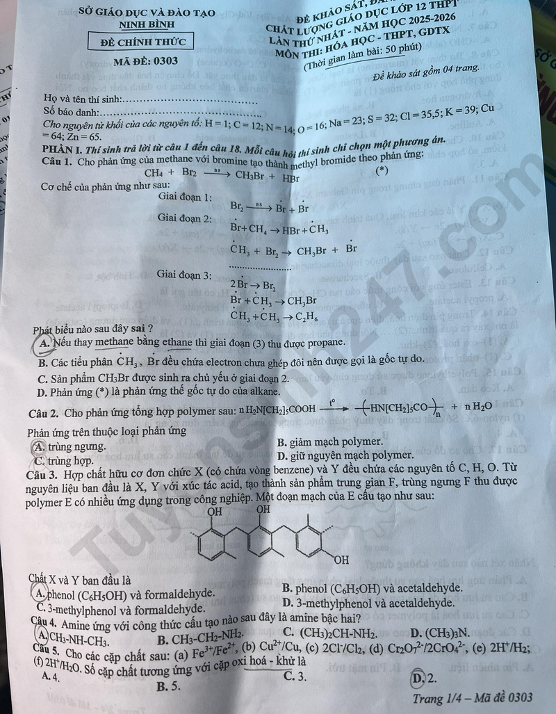Đề thi kì 1 môn Hóa lớp 12 năm 2025 - Sở GD Ninh Bình