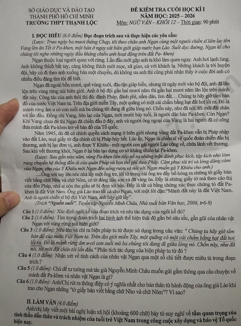 Đề thi kì 1 lớp 12 môn Văn 2025 - THPT Thạnh Lộc