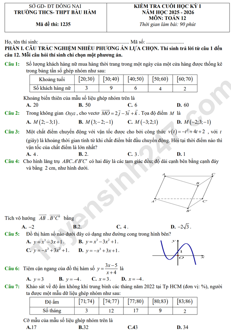 Đề thi học kì 1 môn Toán lớp 12 THCS - THPT Bàu Hàm 2025