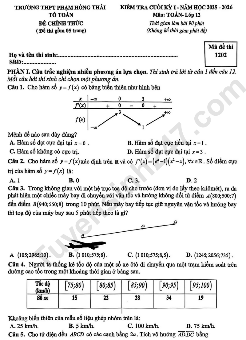 Đề thi kì 1 môn Toán lớp 12 năm 2025 - THPT Phạm Hồng Thái