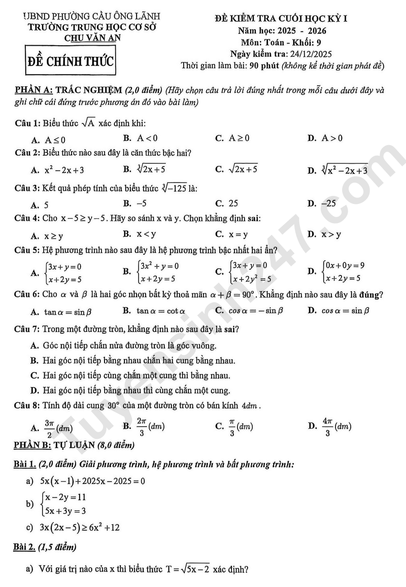 Đề thi kì 1 môn Toán lớp 9 năm 2025 - THCS Chu Văn An (Cầu Ông Lãnh)