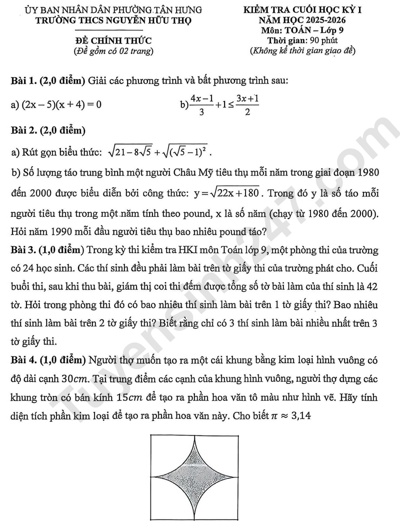 Đề thi kì 1 lớp 9 môn Toán 2025 - THCS Nguyễn Hữu Thọ