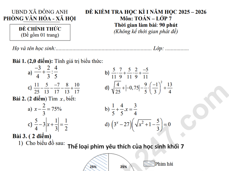 Đề thi kì 1 môn Toán lớp 7 năm 2025 - Xã Đông Anh