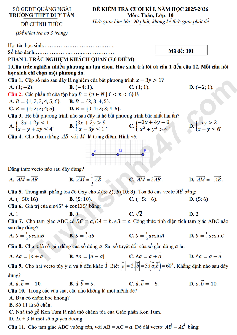 Đề thi HK 1 lớp 10 môn Toán 2025 - THPT Duy Tân