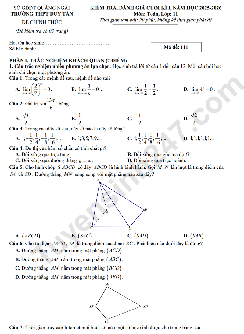Đề thi HK 1 lớp 11 môn Toán 2025 - THPT Duy Tân (Có đáp án)