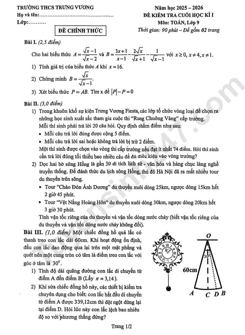 Đề thi HK 1 lớp 9 môn Toán 2025 - THCS Trưng Vương