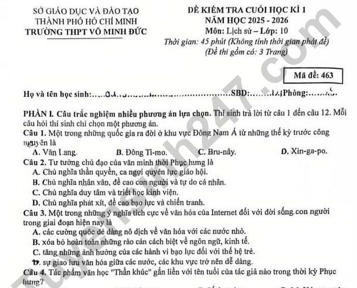 Đề thi học kì 1 năm 2025 môn Sử lớp 10 - THPT Võ Minh Đức