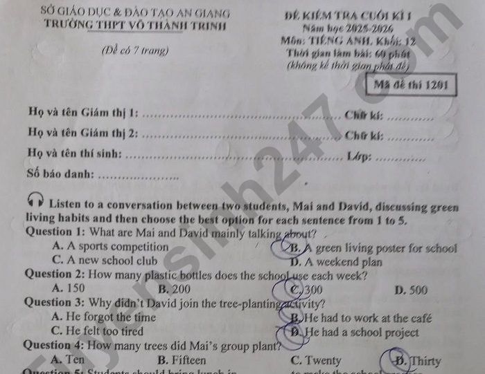Đề thi kì 1 năm 2025 môn Anh 12 THPT Võ Thành Trinh