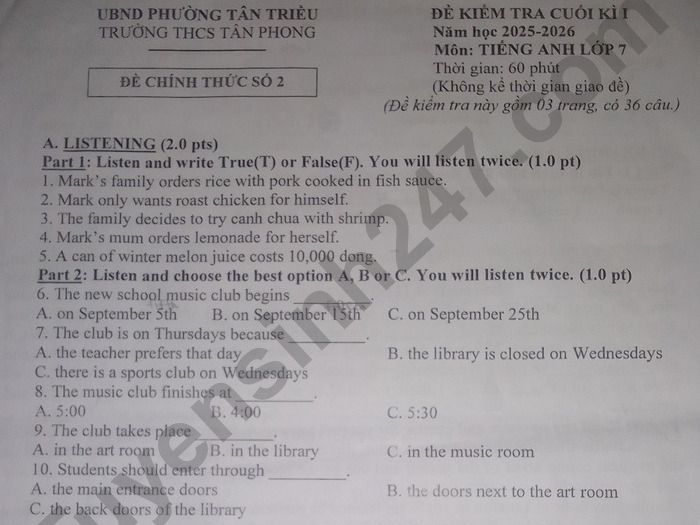 Đề thi học kì 1 năm 2025 THCS Tân Phong - lớp 7 môn Anh