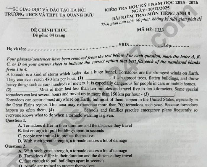 Đề thi học kì 1 lớp 8 môn Anh 2025 - THCS và THPT Tạ Quang Bửu