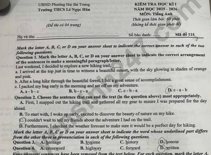 Đề thi học kì 1 môn Anh 9 THCS Lê Ngọc Hân 2025
