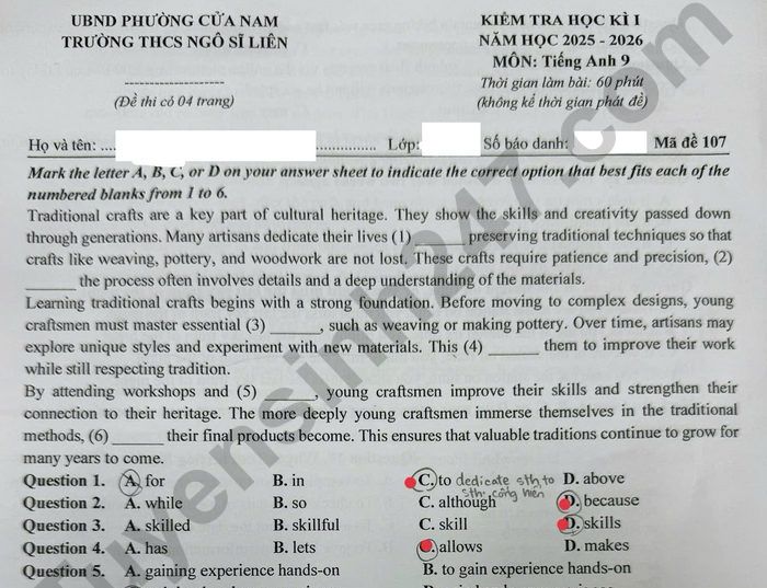 Đề thi học kì 1 lớp 9 môn Anh 2025 - THCS Ngô Sĩ Liên