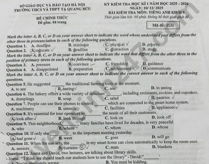 Đề thi học kì 1 Anh 9 THCS&THPT Tạ Quang Bửu 2025