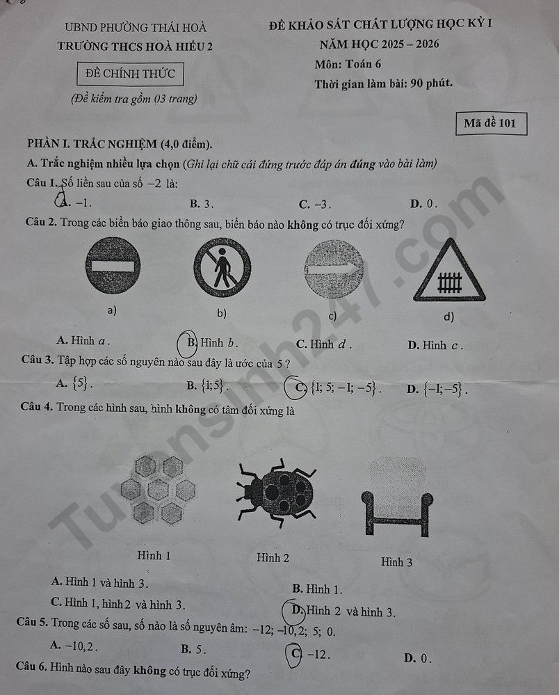 Đề thi kì 1 môn Toán lớp 6 năm 2025 - THCS Hòa Hiếu 2