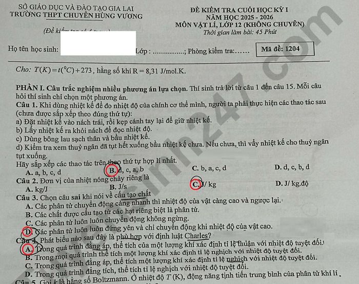 Đề thi học kì 1 năm 2025 THPT Chuyên Hùng Vương - môn Lý 12