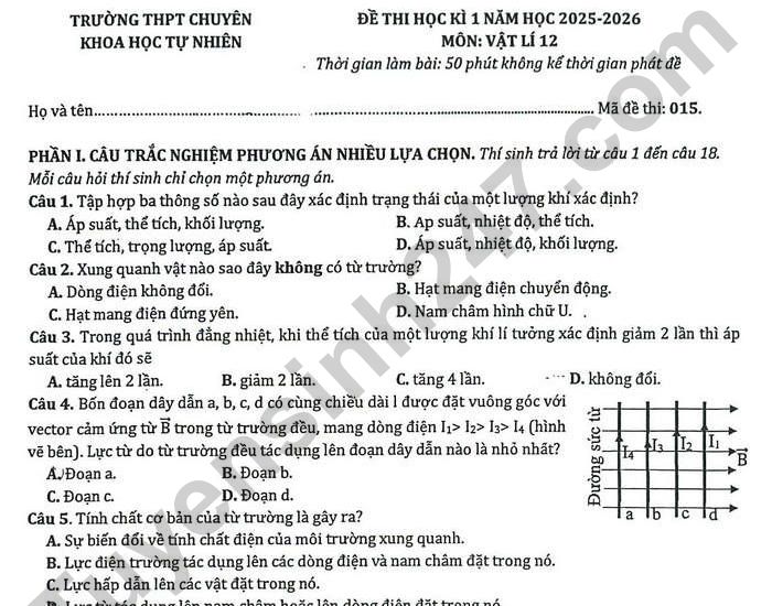 Đề thi học kì 1 lớp 12 môn Lý - THPT Chuyên khoa học tự nhiên 2025