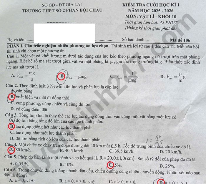 Đề thi cuối kì 1 Lý lớp 10 THPT số 2 Phan Bội Châu 2025