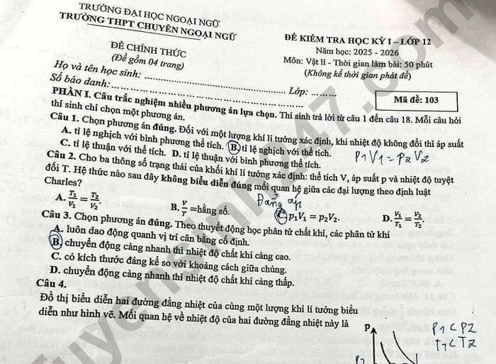 Đề thi kì 1 năm 2025 môn Lý lớp 12 - THPT Chuyên Ngoại ngữ