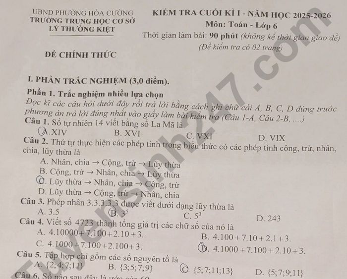 Đề thi cuối kì 1 lớp 6 môn Toán 2025 - THCS Lý Thường Kiệt