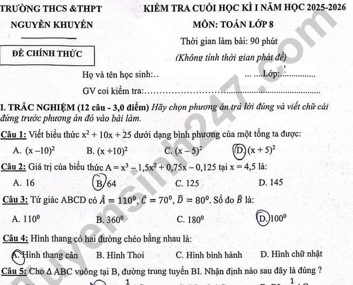 Đề thi kì 1 môn Toán 8 THCS&THPT Nguyễn Khuyến 2025