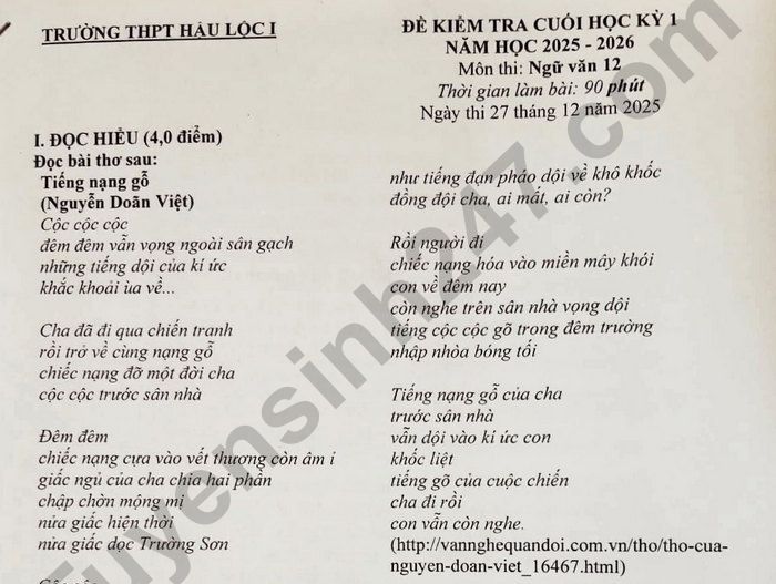 Đề thi cuối kì 1 lớp 12 môn Văn 2025 - THPT Hậu Lộc I