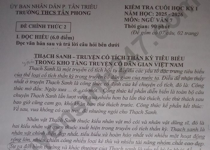 Đề thi học kì 1 Văn lớp 7 THCS Tân Phong 2025