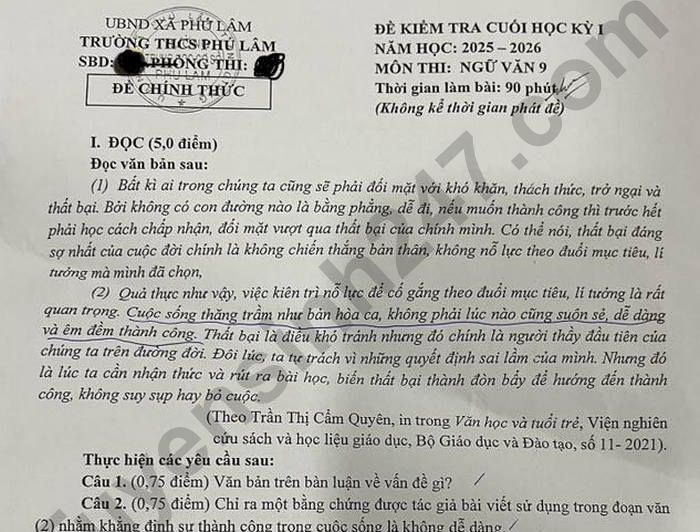 Đề thi học kì 1 lớp 9 môn Văn 2025 - THCS Phú Lâm