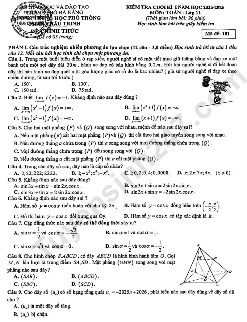 Đề thi cuối kì 1 môn Toán lớp 11 THPT Phan Châu Trinh 2025