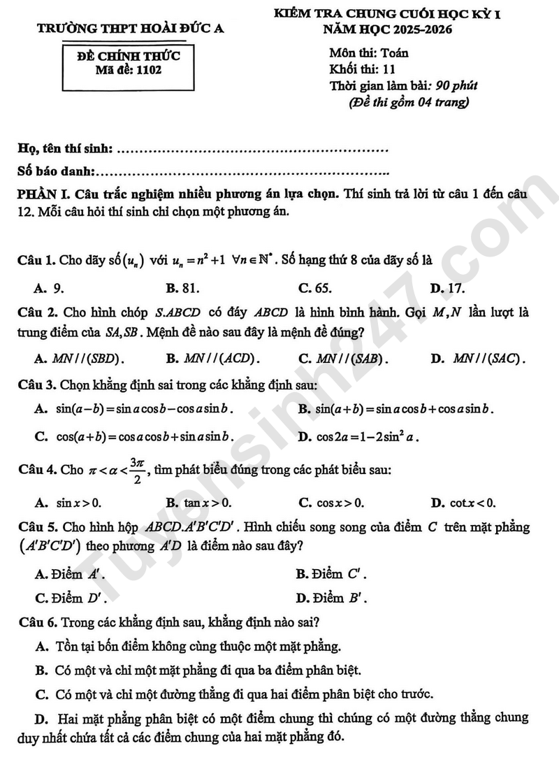 Đề thi HK1 năm 2025 môn Toán lớp 12 - THPT Hoài Đức A (Có đáp án)
